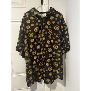 Vintage Addiction 1991‎ Silk Shirt Black Gold Anthropomorphic Sun Celestial Sz L